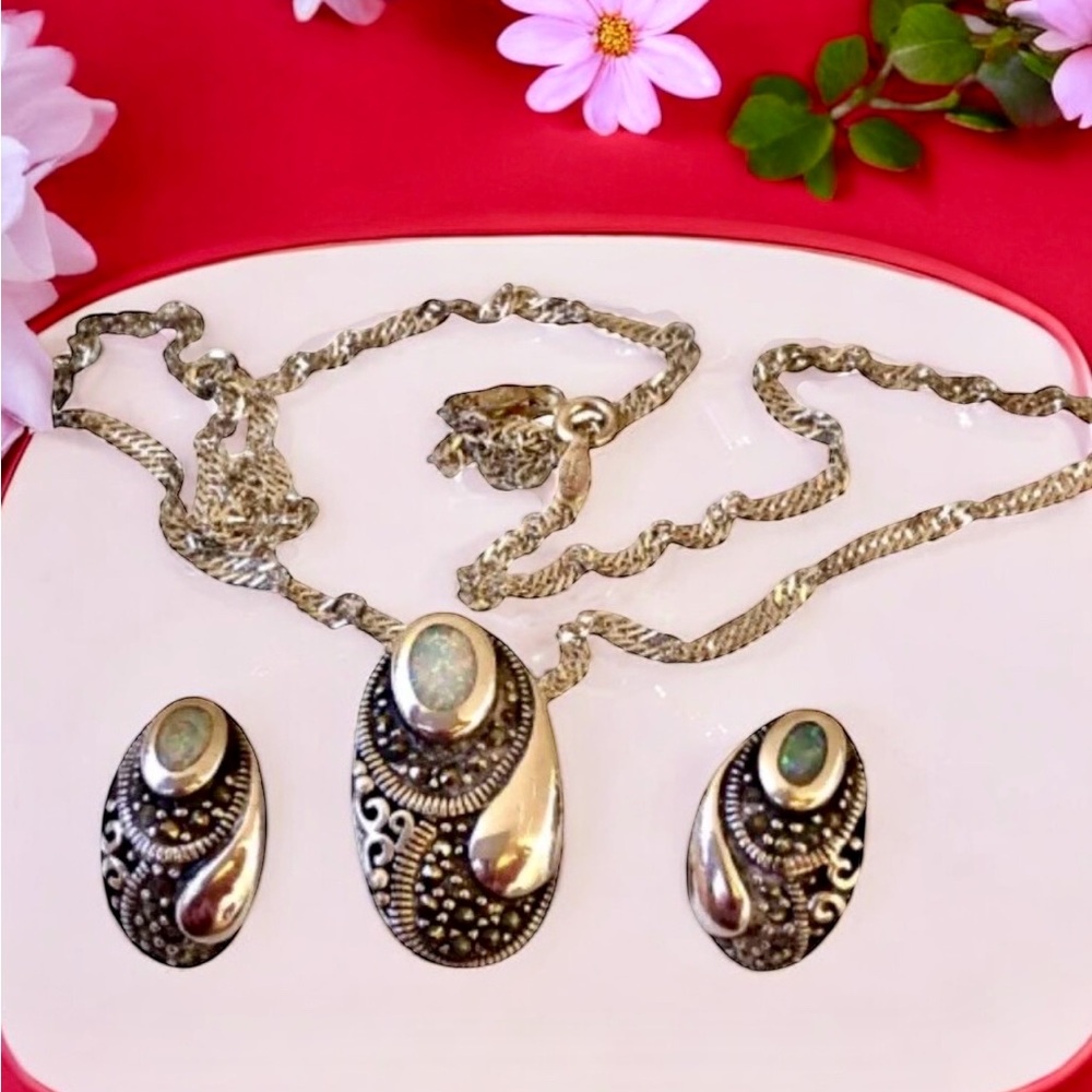 Vintage Sterling Silver 925 Maracite Necklace + Stud Earring Set OPALS